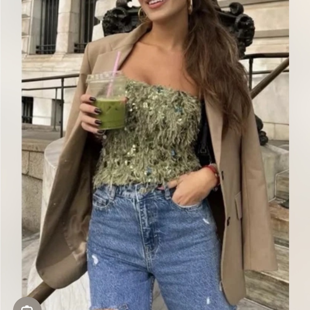 Zara  Frayed Sequin Cropped Top Green XS